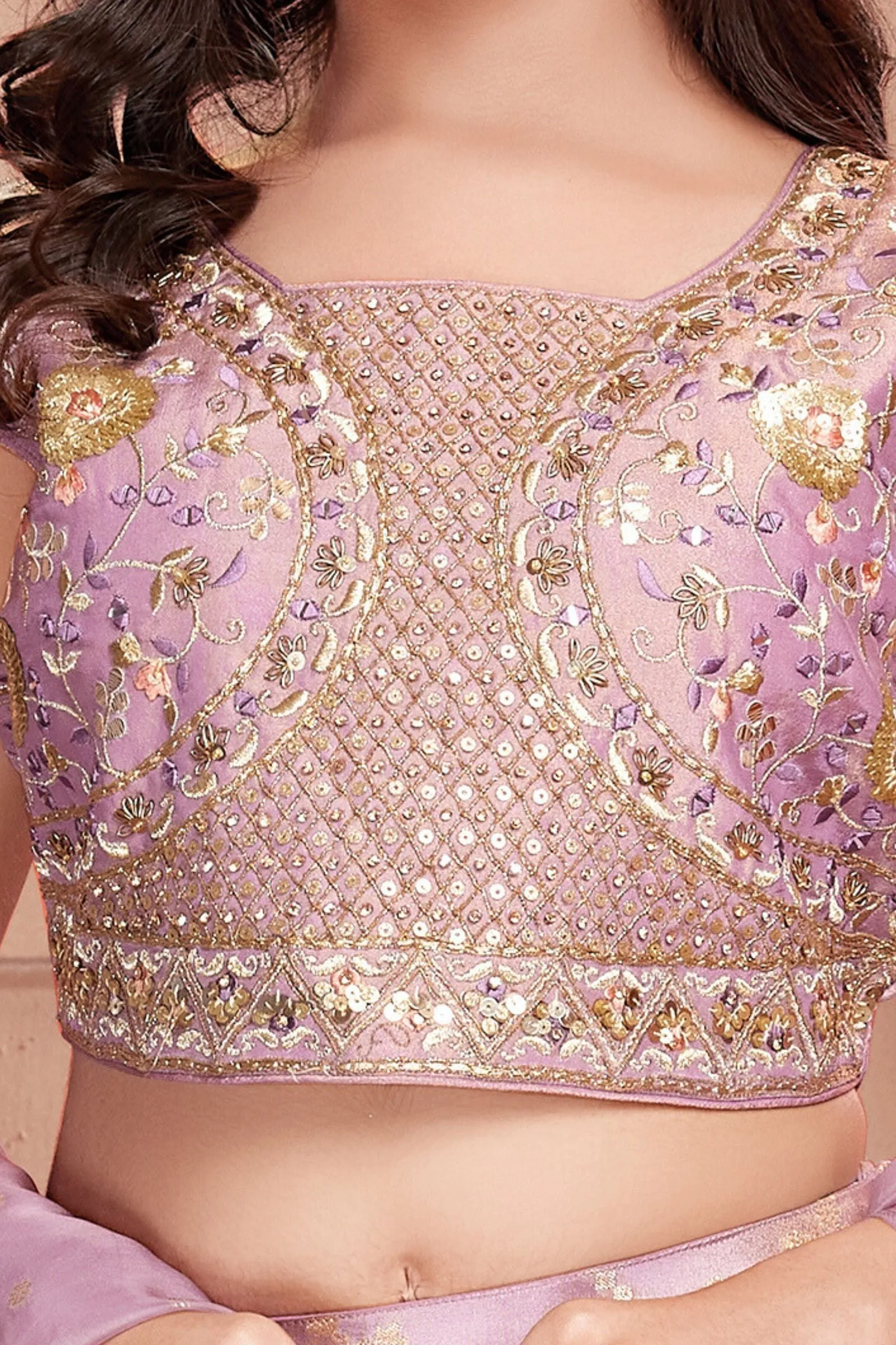Lavender Mirror, Sequins, Zari, Embroidery and Jacquard work Lehenga Choli for Girls