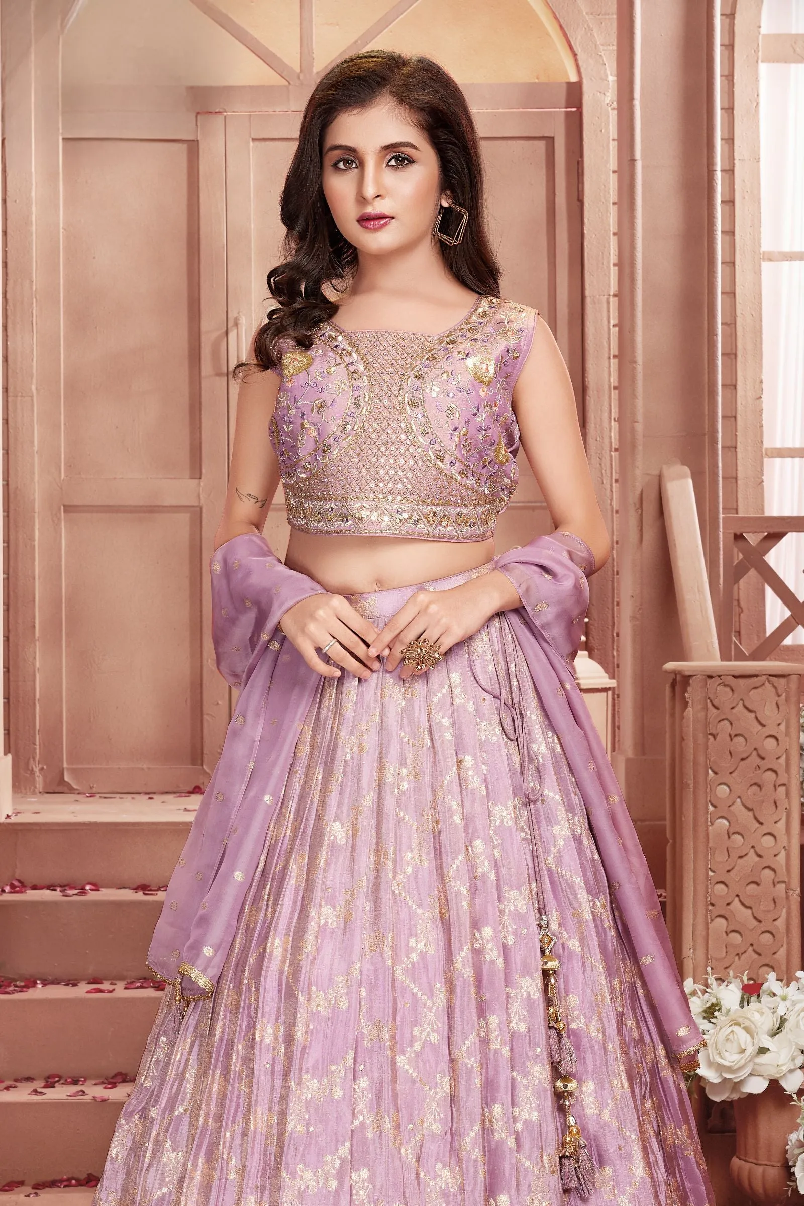 Lavender Mirror, Sequins, Zari, Embroidery and Jacquard work Lehenga Choli for Girls