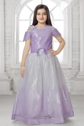 Lavender with Cream Shaded Sequins work Long Party Gown for Girls