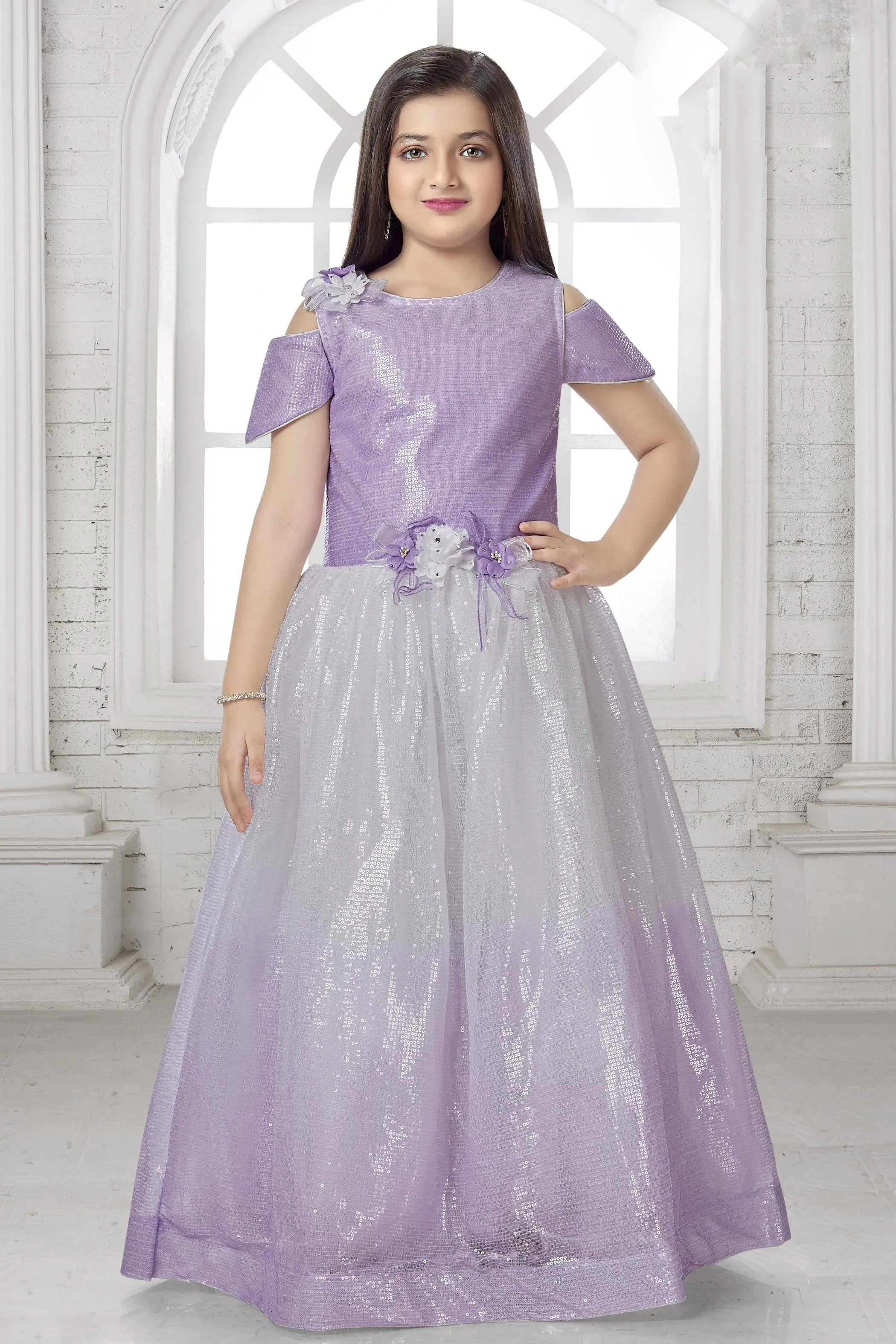 Lavender with Cream Shaded Sequins work Long Party Gown for Girls
