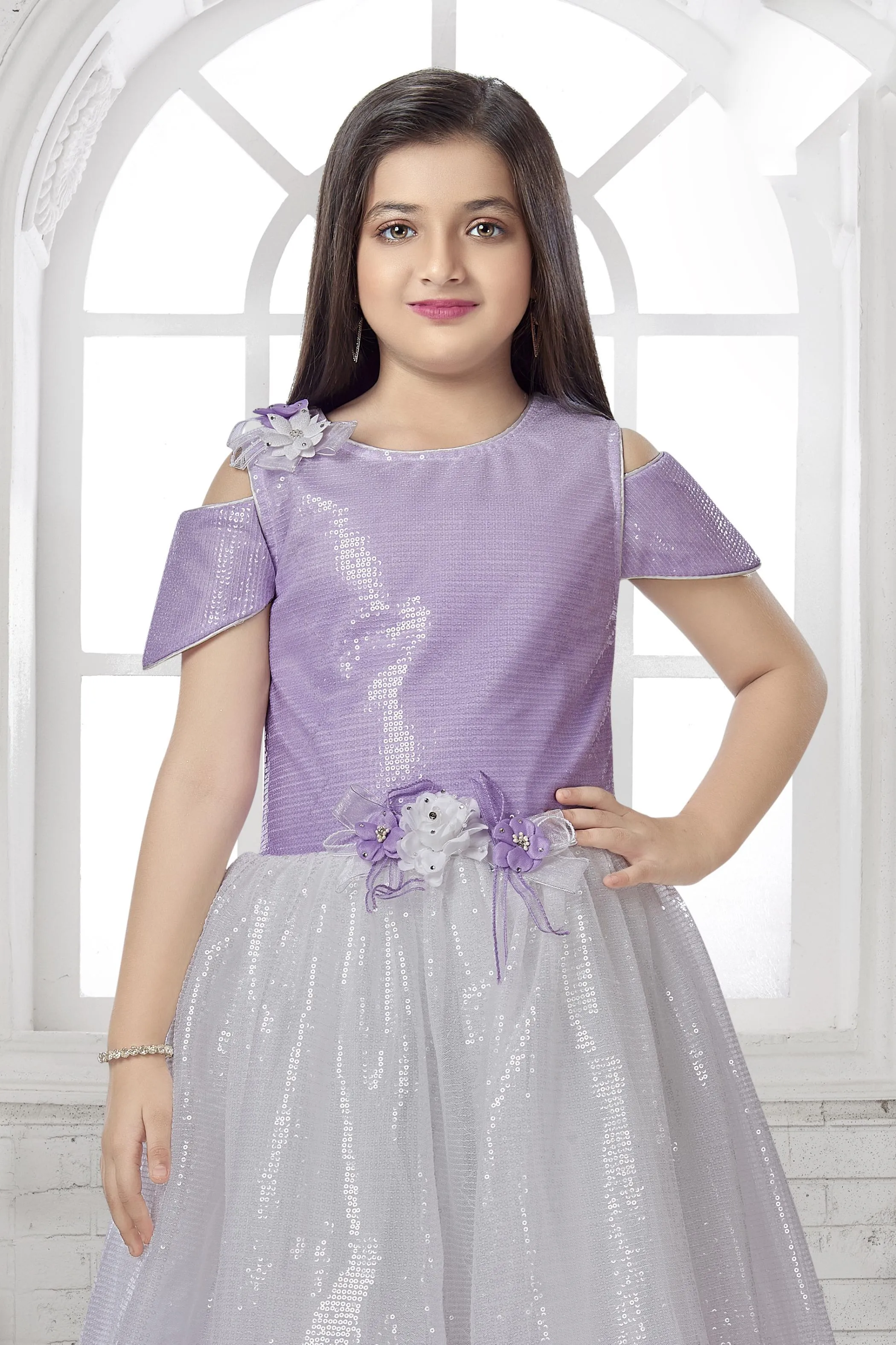 Lavender with Cream Shaded Sequins work Long Party Gown for Girls