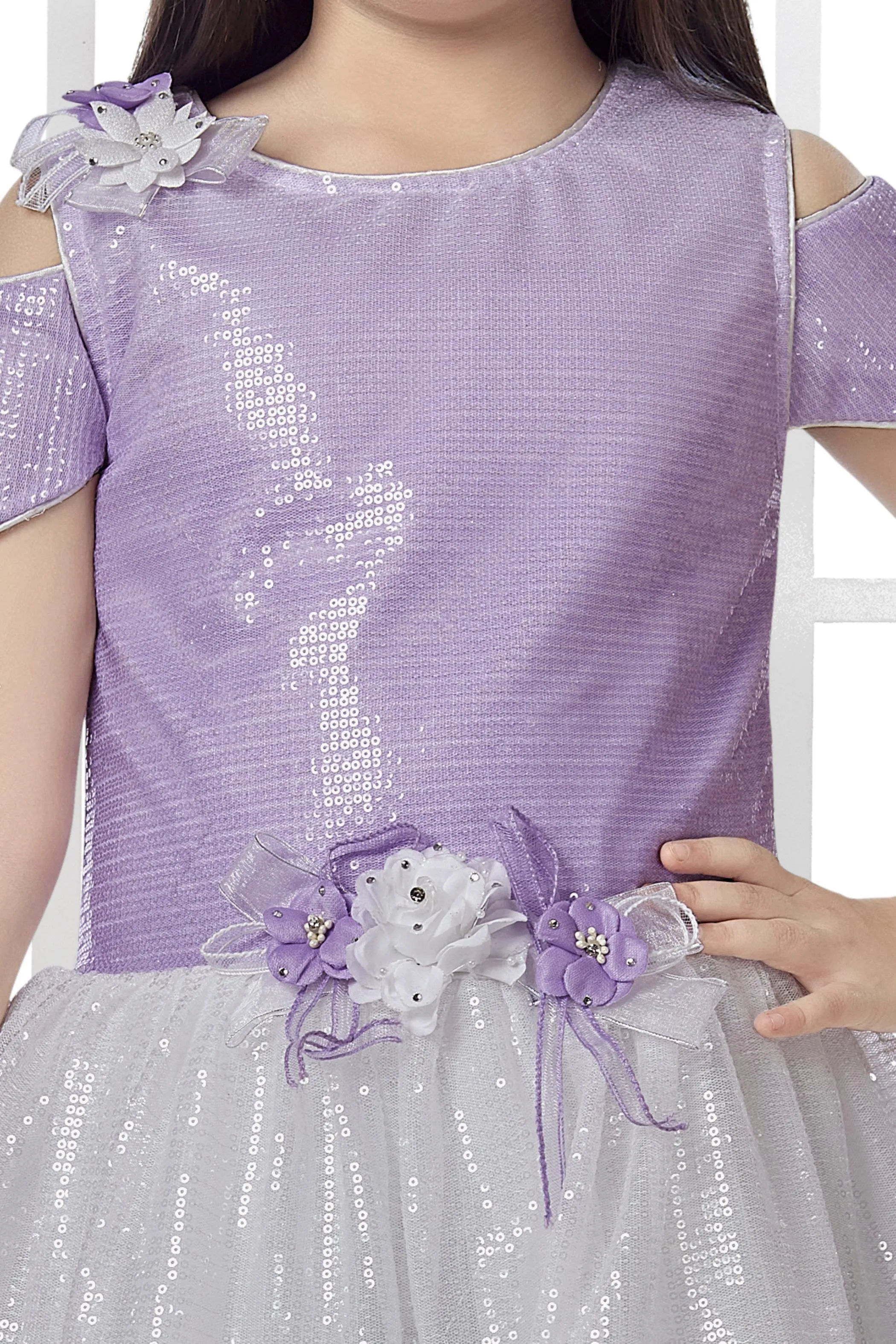 Lavender with Cream Shaded Sequins work Long Party Gown for Girls