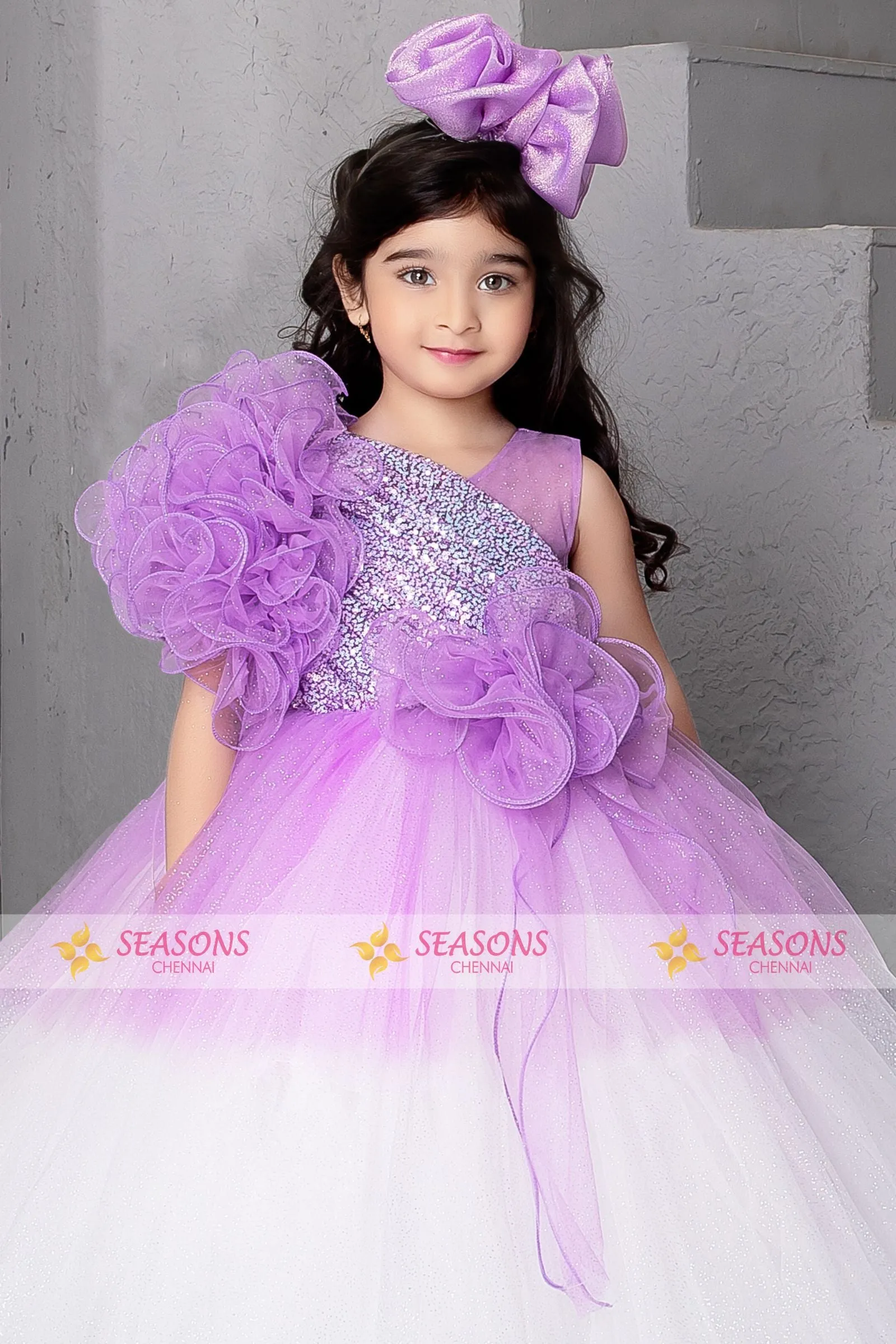 Lavender with White Sequins work Long Party Gown for Girls