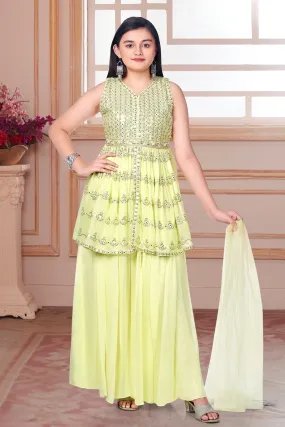 Lemon Green Sequins and Zari work Peplum Style Palazzo Suit Set for Girls