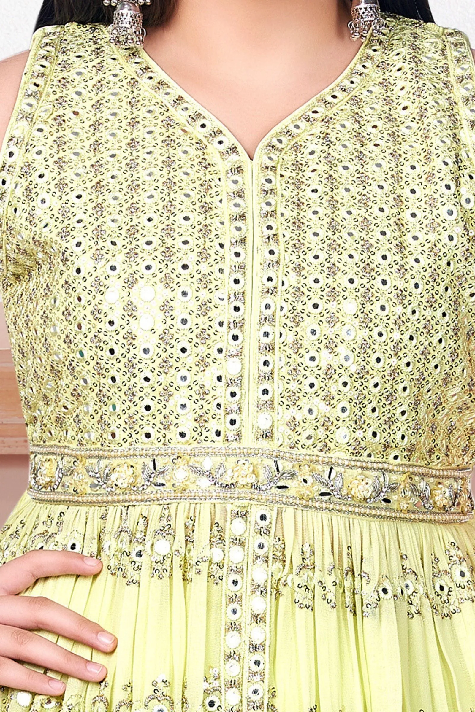 Lemon Green Sequins and Zari work Peplum Style Palazzo Suit Set for Girls