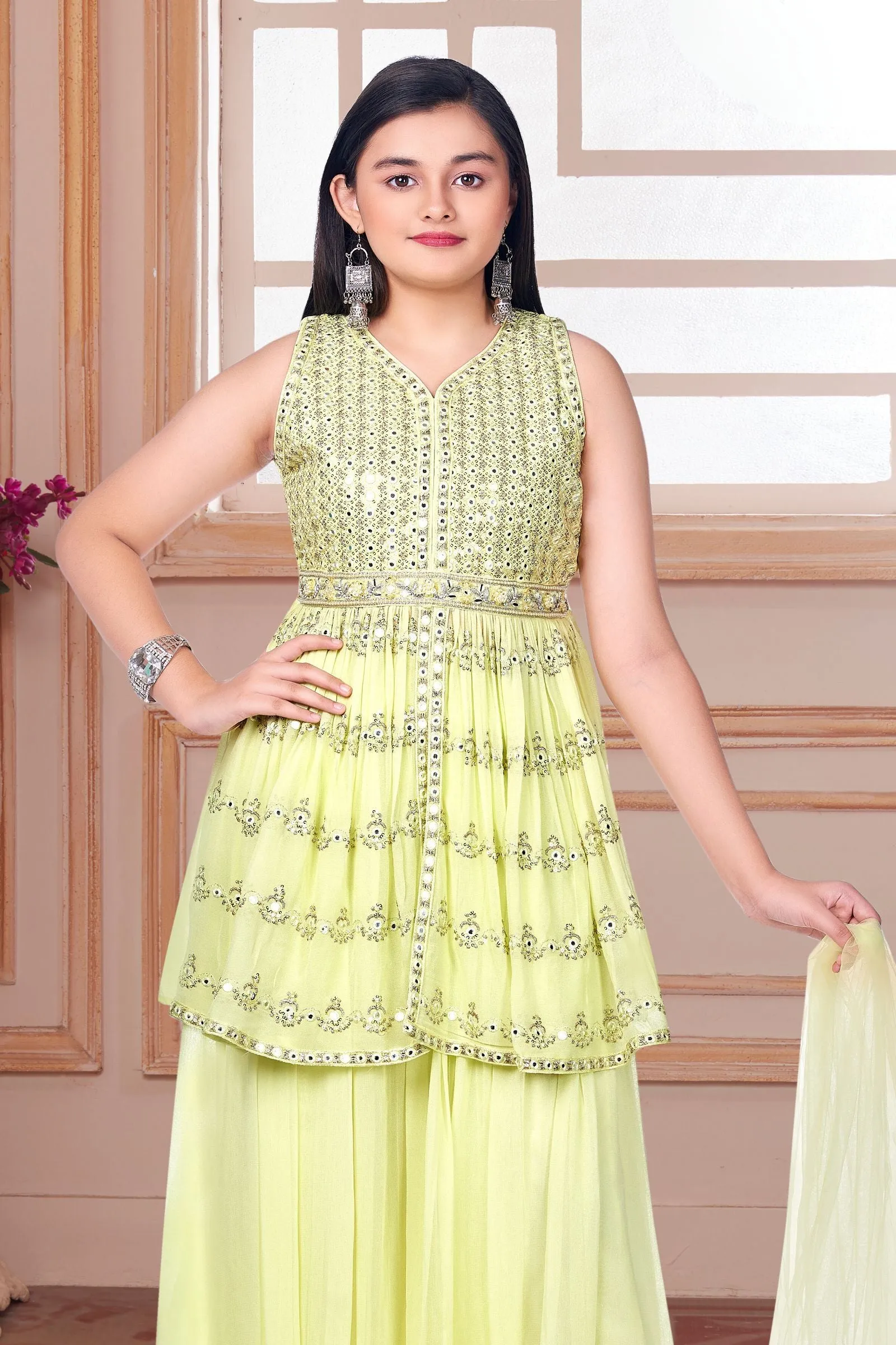 Lemon Green Sequins and Zari work Peplum Style Palazzo Suit Set for Girls
