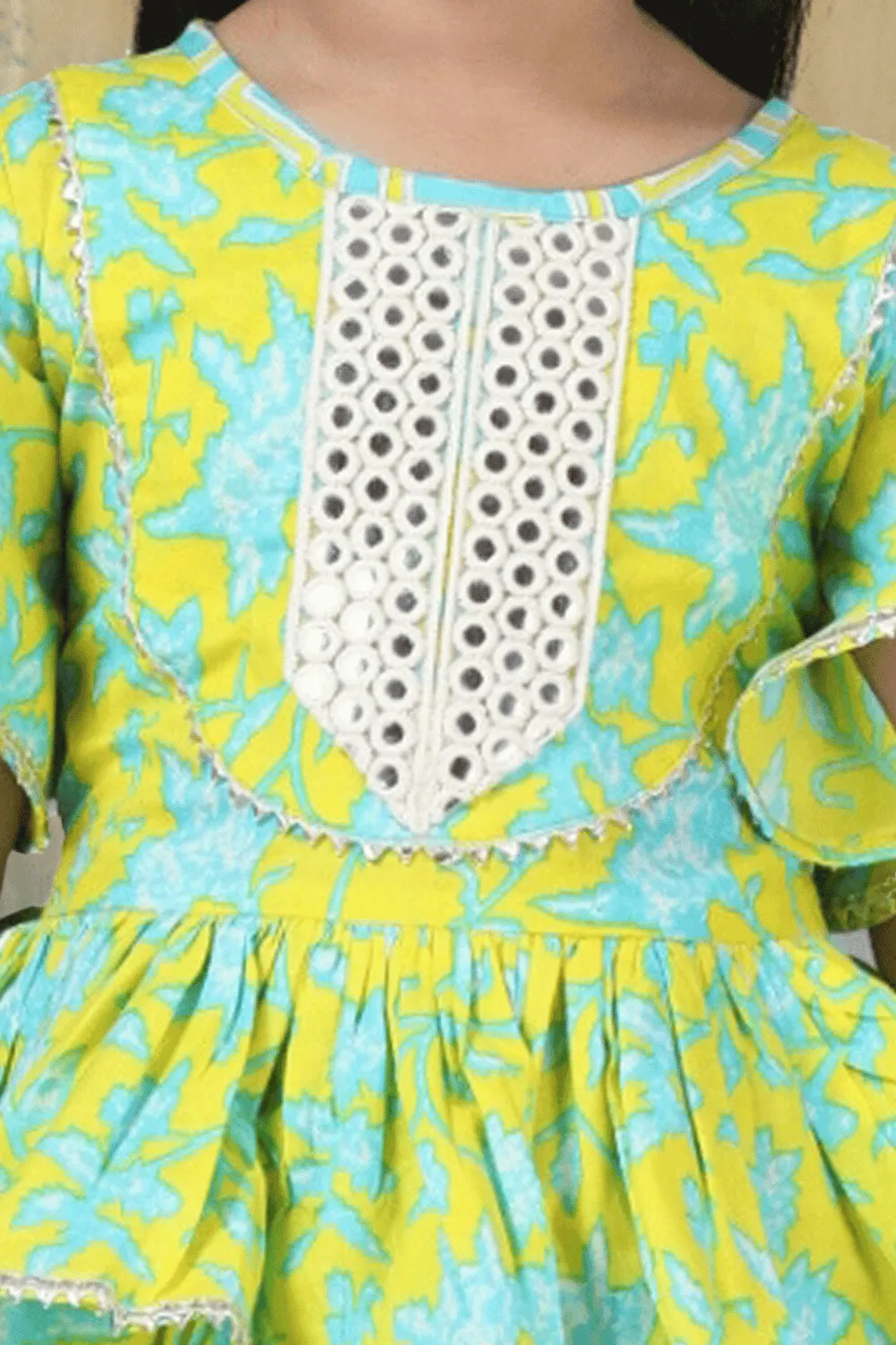 Lemon Yellow with Blue Printed Peplum Style Palazzo Suit Set for Girls
