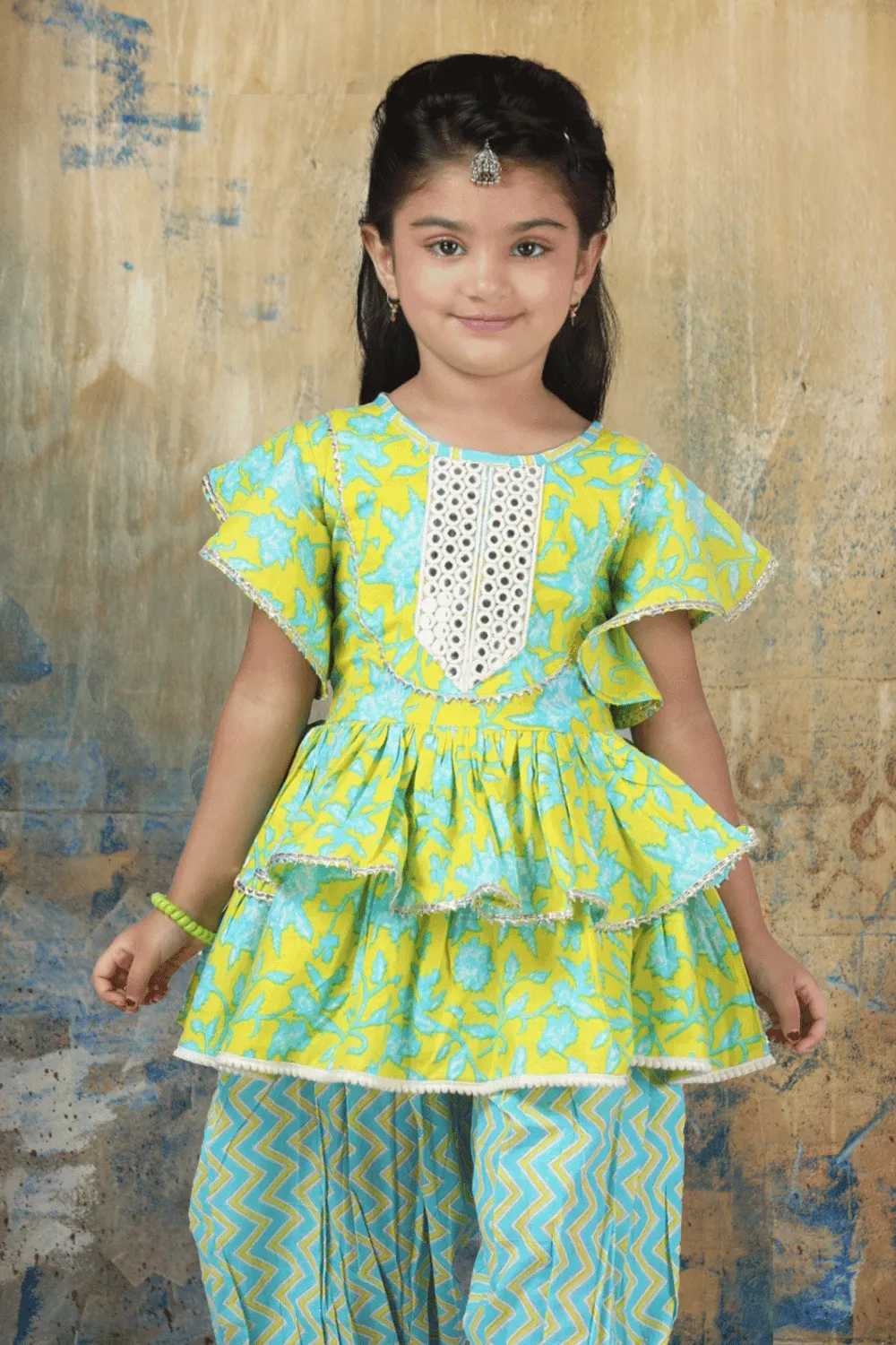 Lemon Yellow with Blue Printed Peplum Style Palazzo Suit Set for Girls