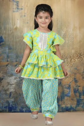 Lemon Yellow with Blue Printed Peplum Style Palazzo Suit Set for Girls
