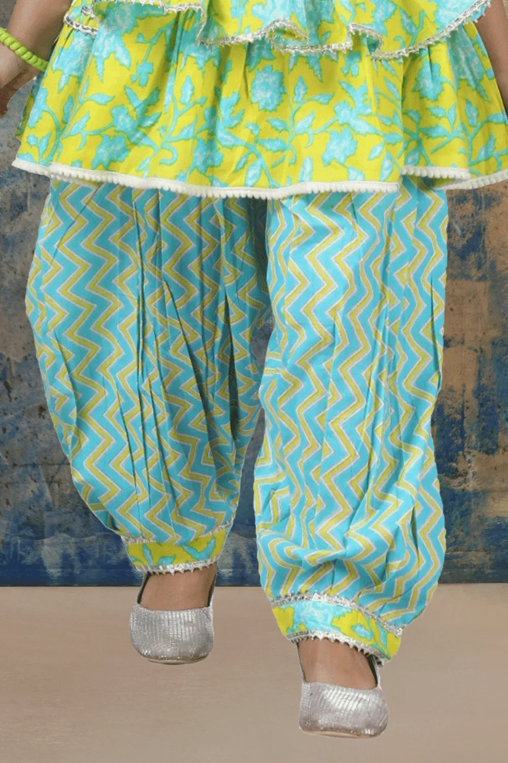 Lemon Yellow with Blue Printed Peplum Style Palazzo Suit Set for Girls