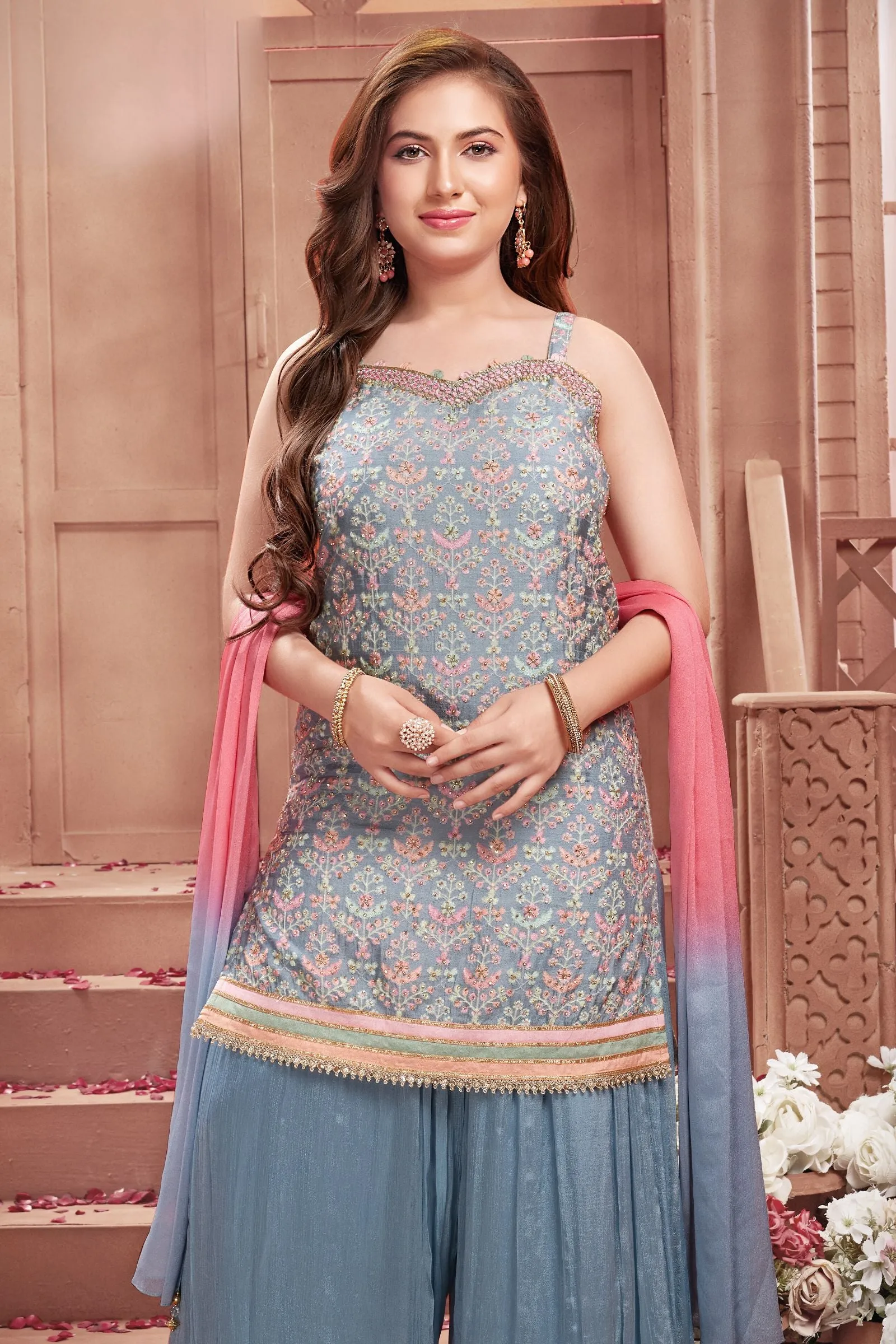 Light Blue Multicolor Embroidery, Stone and Mirror work for Girls Palazzo Suit Set