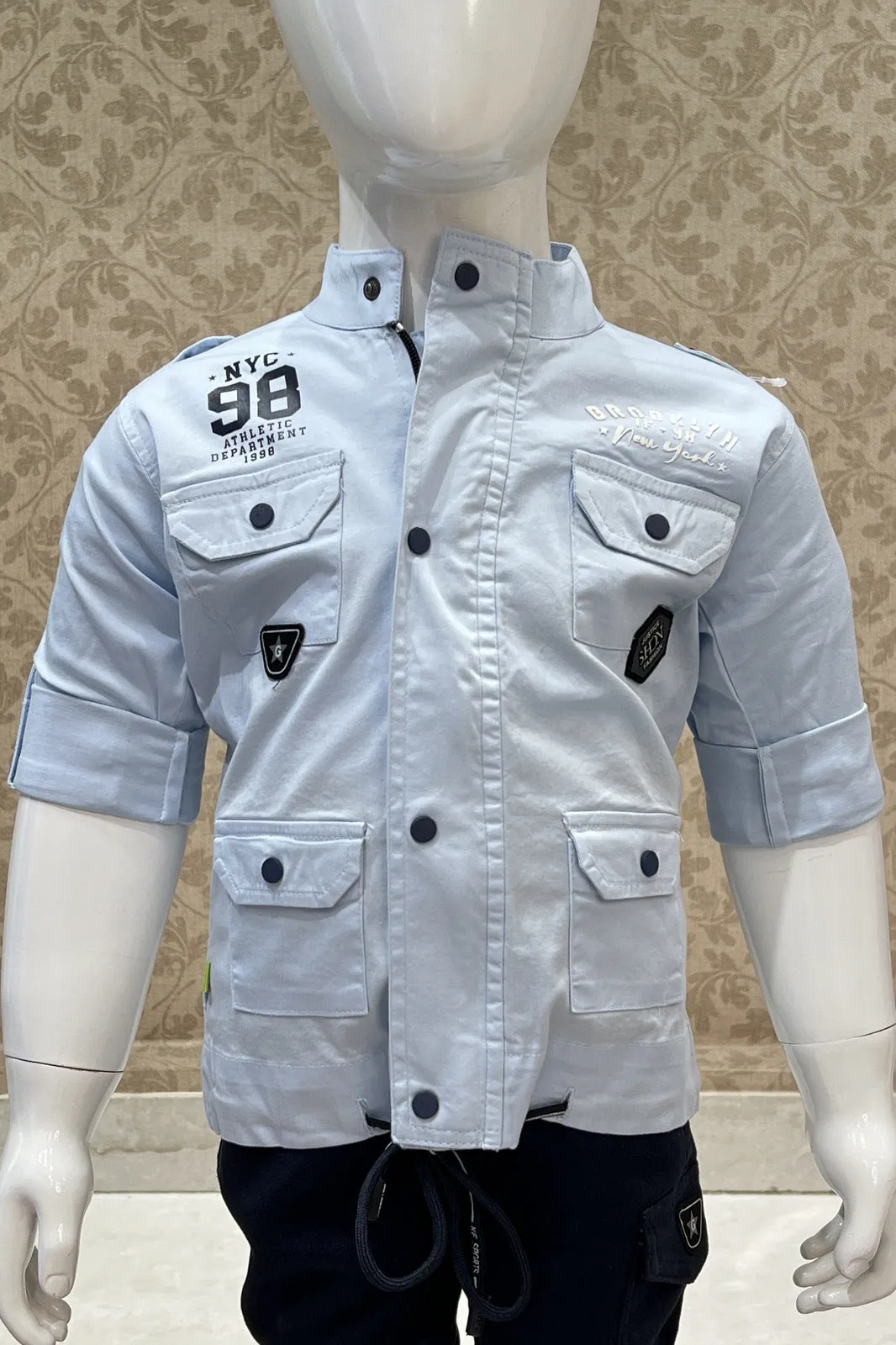 Light Blue with Navy Blue Casual wear Pant and Shirt Set for Boys