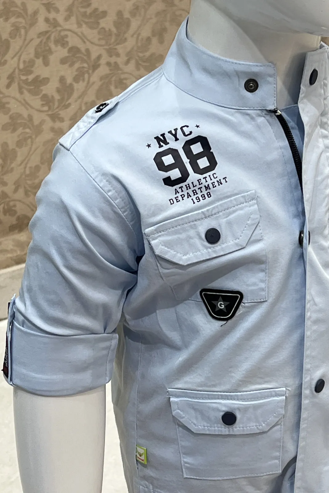 Light Blue with Navy Blue Casual wear Pant and Shirt Set for Boys
