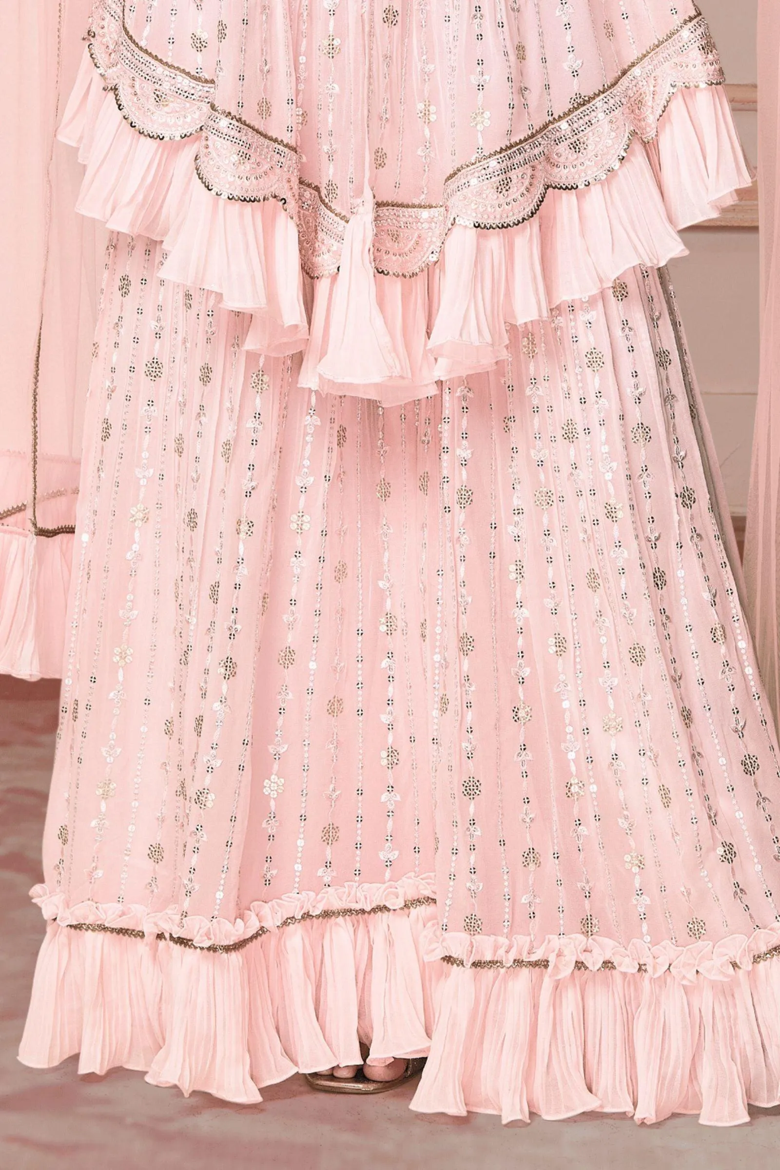 Light Pink Sequins, Thread, Stone and Zardozi work Peplum Style Sharara Suit Set for Girls