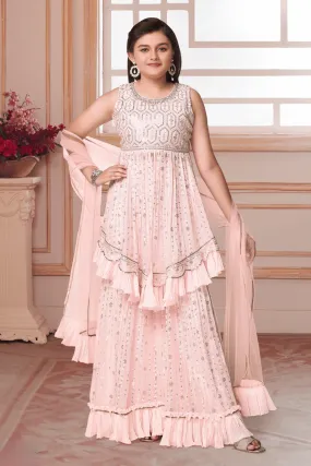Light Pink Sequins, Thread, Stone and Zardozi work Peplum Style Sharara Suit Set for Girls