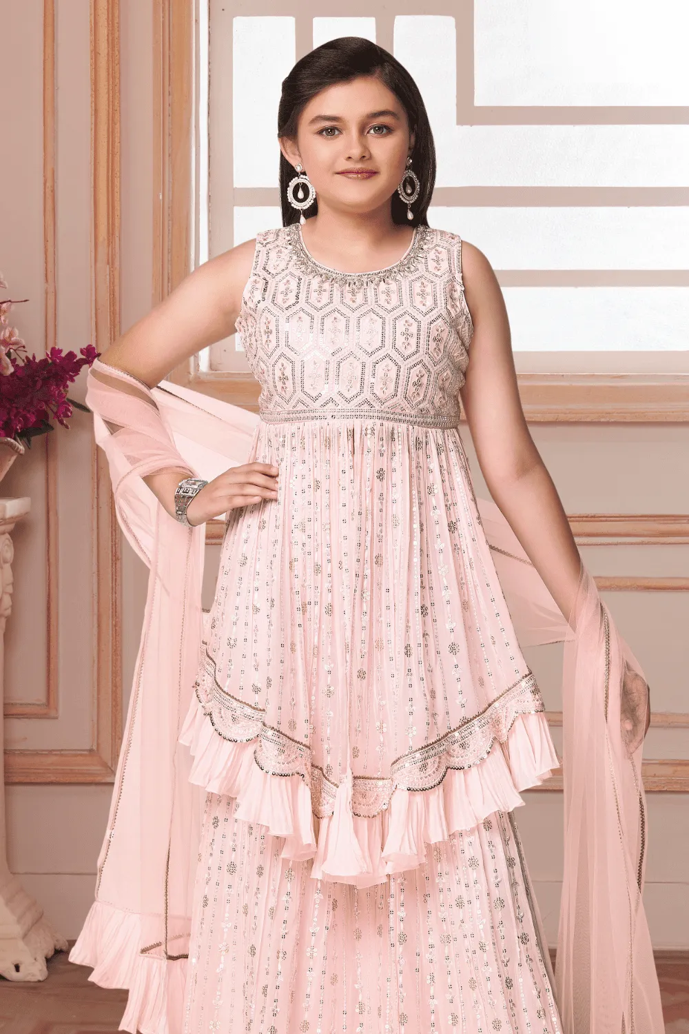 Light Pink Sequins, Thread, Stone and Zardozi work Peplum Style Sharara Suit Set for Girls