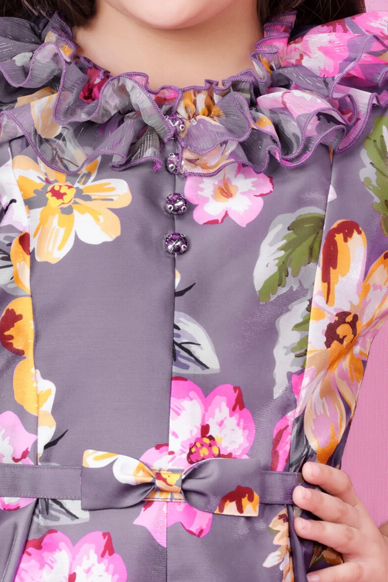 Light Purple Floral Print Short Casual Frock For Girls