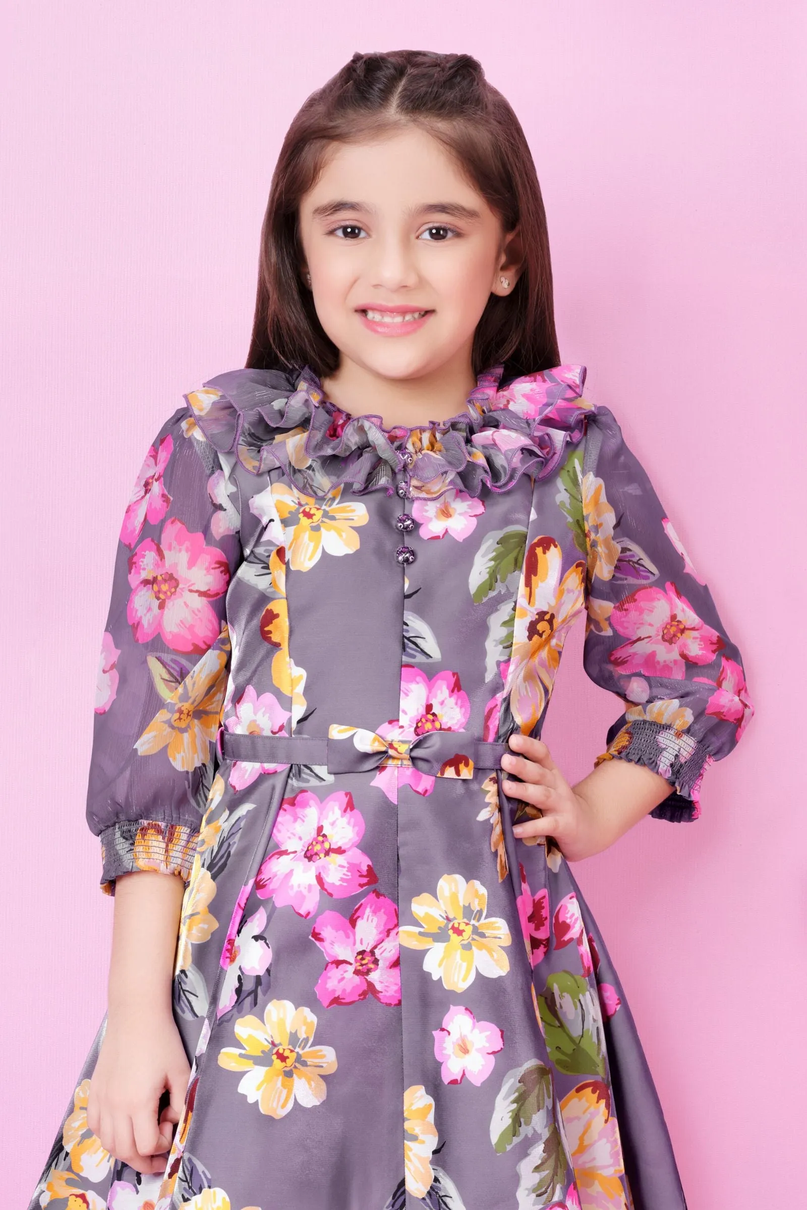 Light Purple Floral Print Short Casual Frock For Girls