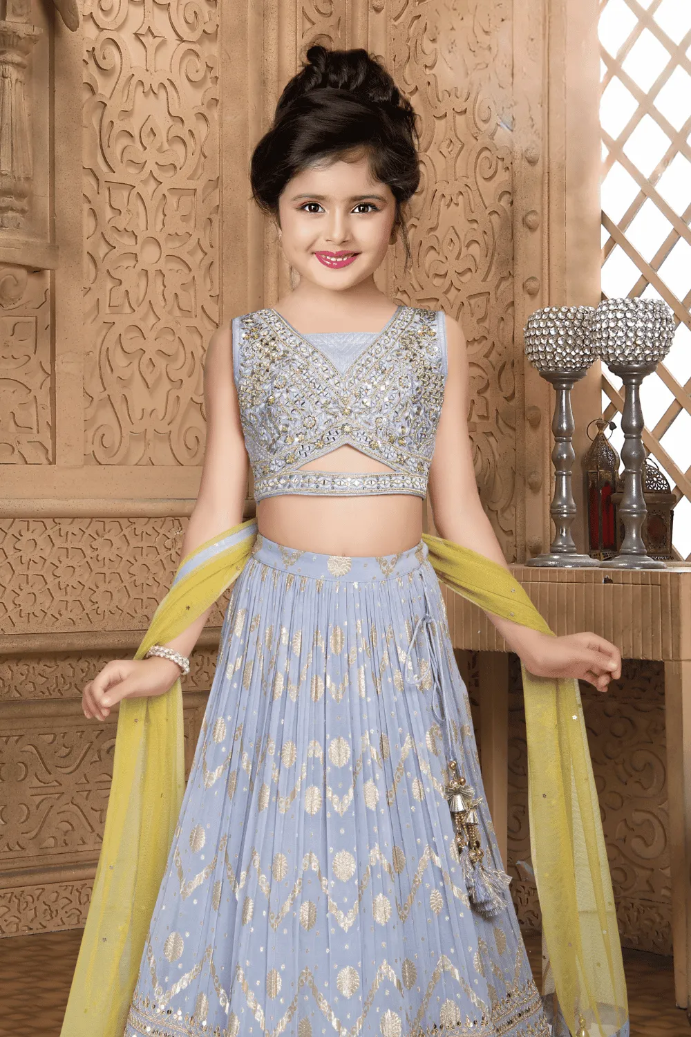 Light Purple Mirror, Zari, Thread, Sequins, Beads, Zari and Banaras work Lehenga Choli for Girls