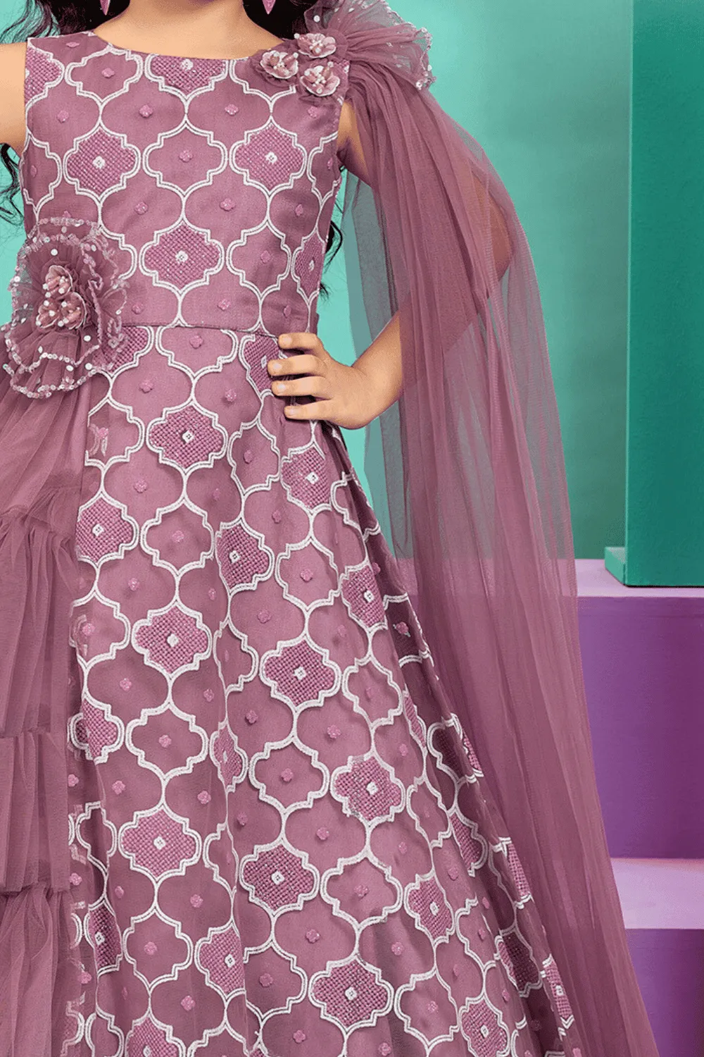 Light Purple Pearl and Sequins work with Handmade Flowers Long Party Gown for Girls