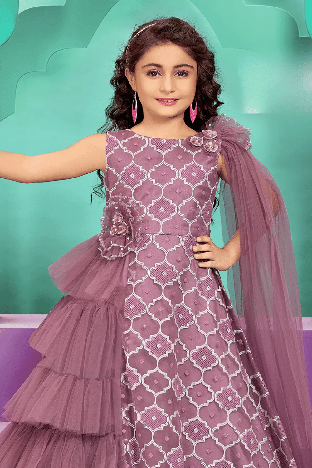 Light Purple Pearl and Sequins work with Handmade Flowers Long Party Gown for Girls