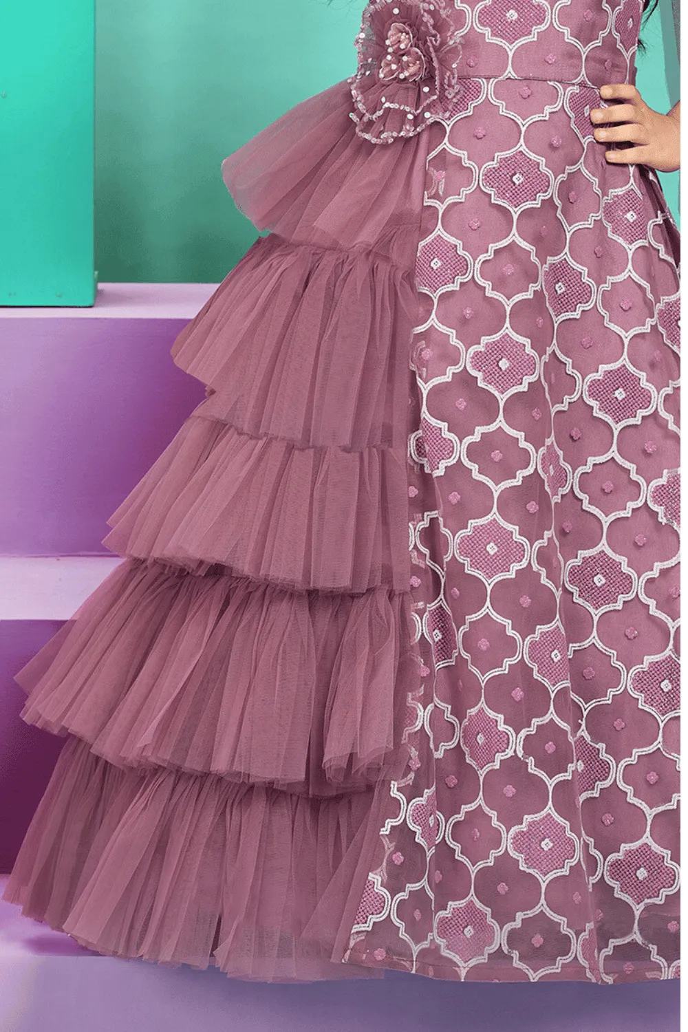 Light Purple Pearl and Sequins work with Handmade Flowers Long Party Gown for Girls