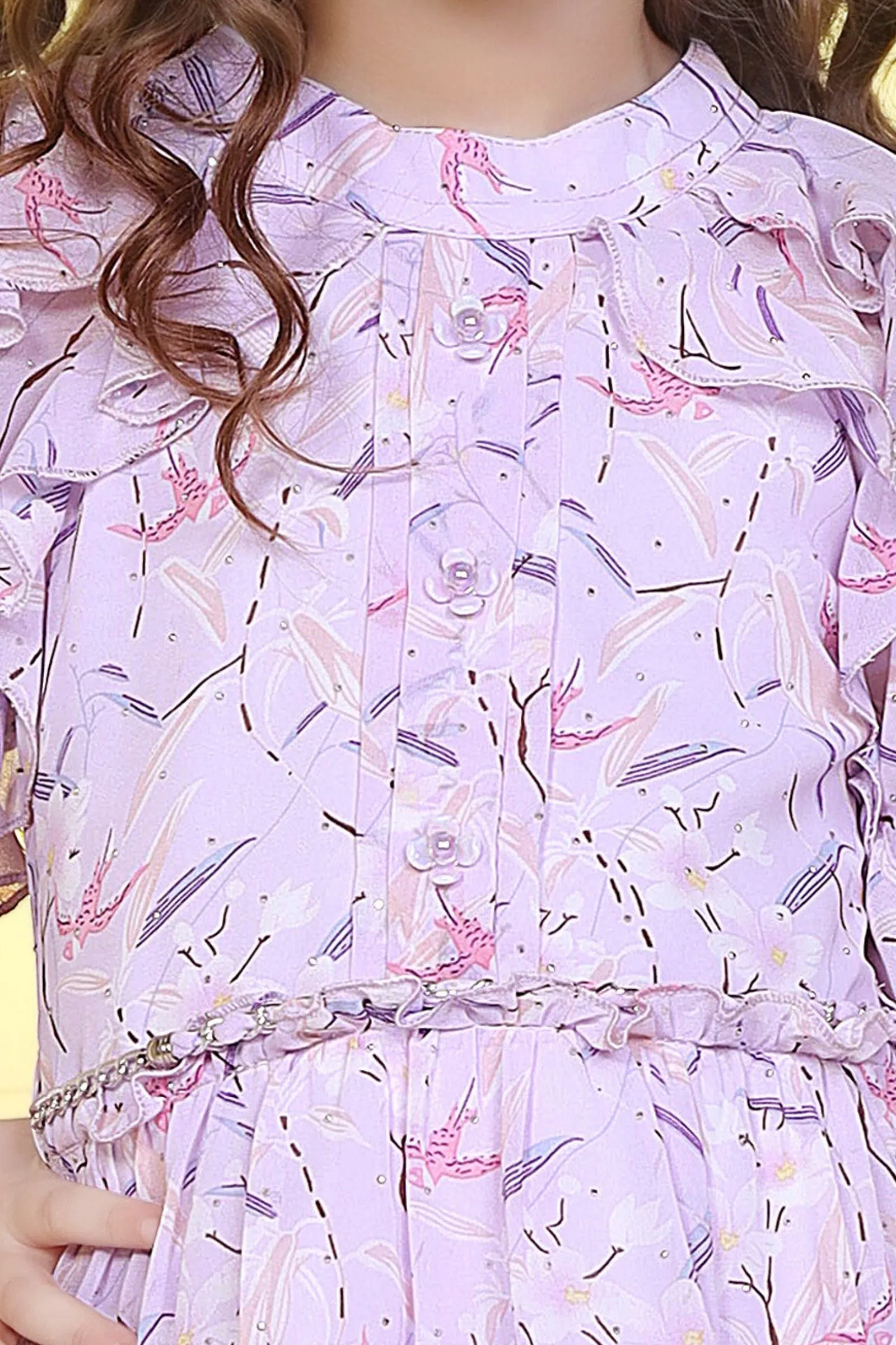 Lilac Abstract Print Knee Length Casual Frock For Girls