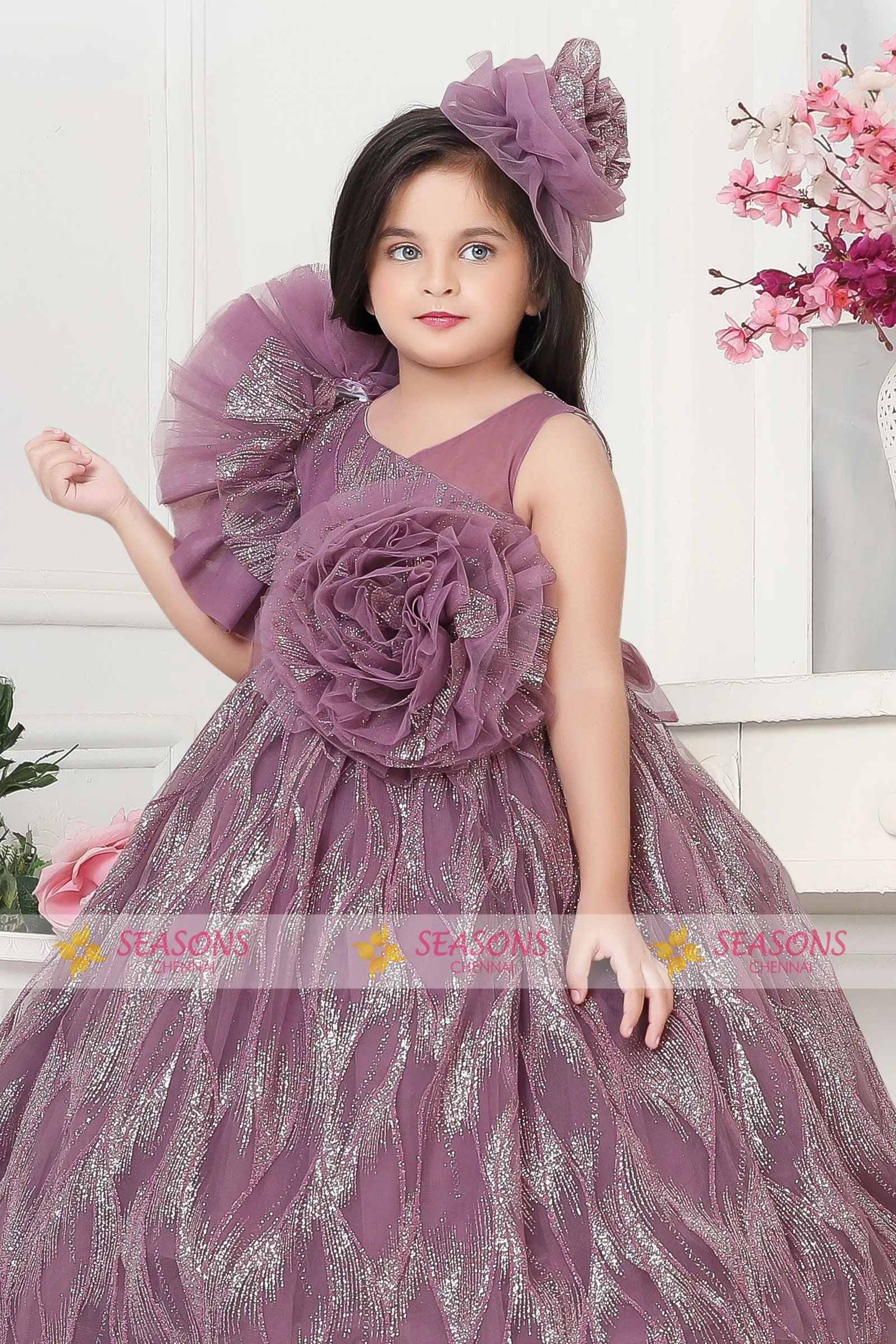 Lilac Glitter work Long Party Gown for Girls