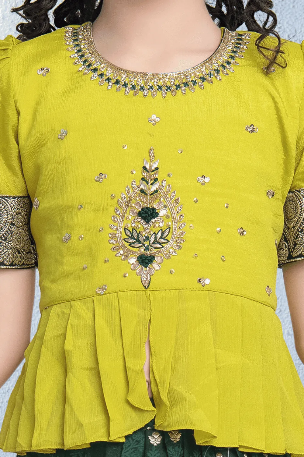 Liril and Dark Green Banaras, Beads, Zardozi, Stone and Thread work Lehenga Choli for Girls