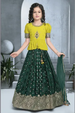 Liril and Dark Green Banaras, Beads, Zardozi, Stone and Thread work Lehenga Choli for Girls