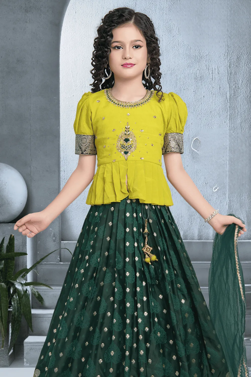 Liril and Dark Green Banaras, Beads, Zardozi, Stone and Thread work Lehenga Choli for Girls