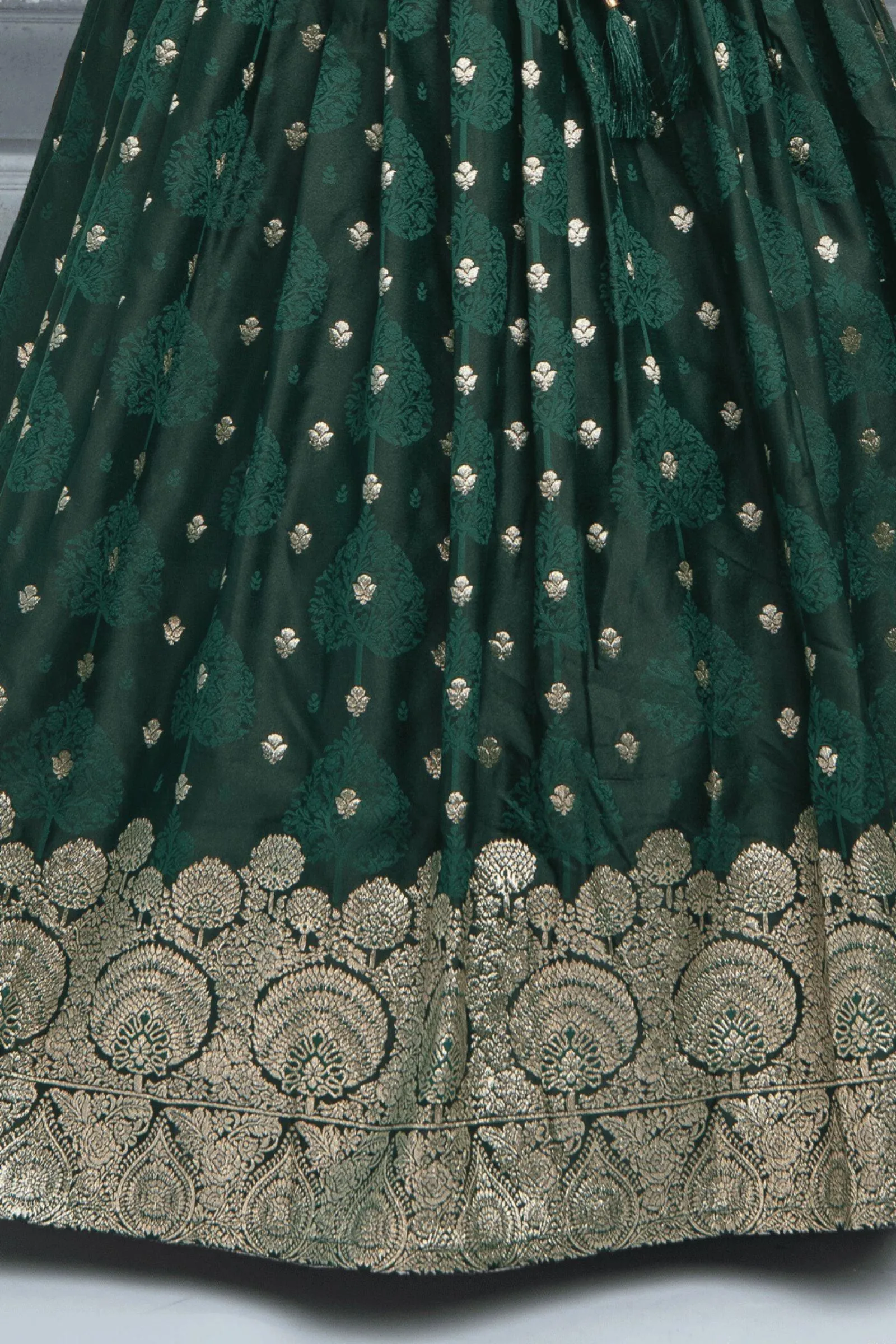 Liril and Dark Green Banaras, Beads, Zardozi, Stone and Thread work Lehenga Choli for Girls