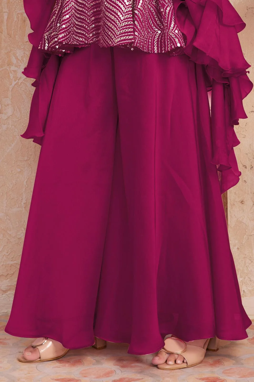 Magenta Sequins, Zari, Mirror and Stone work Peplum Top and Palazzo Set for Girls