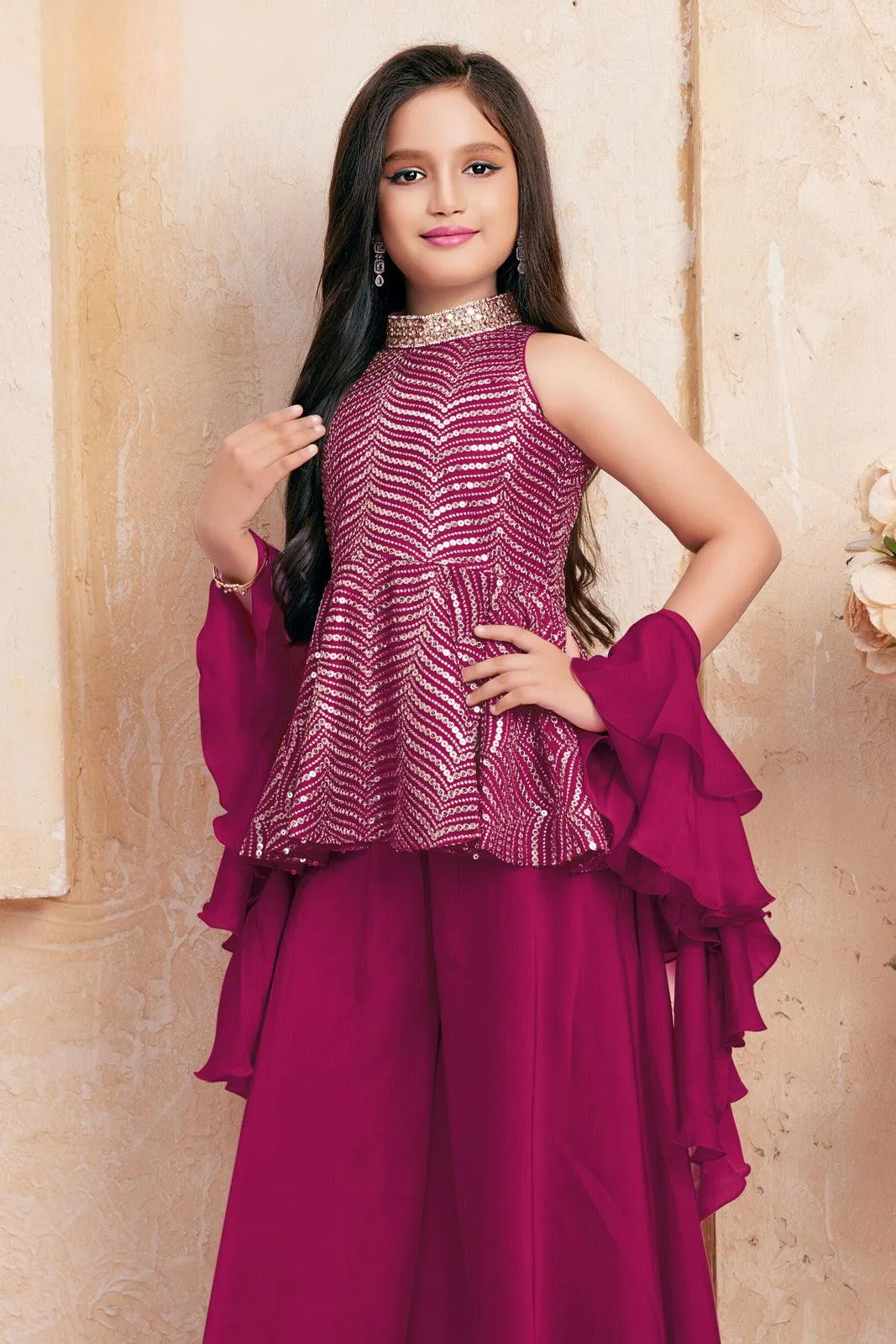 Magenta Sequins, Zari, Mirror and Stone work Peplum Top and Palazzo Set for Girls
