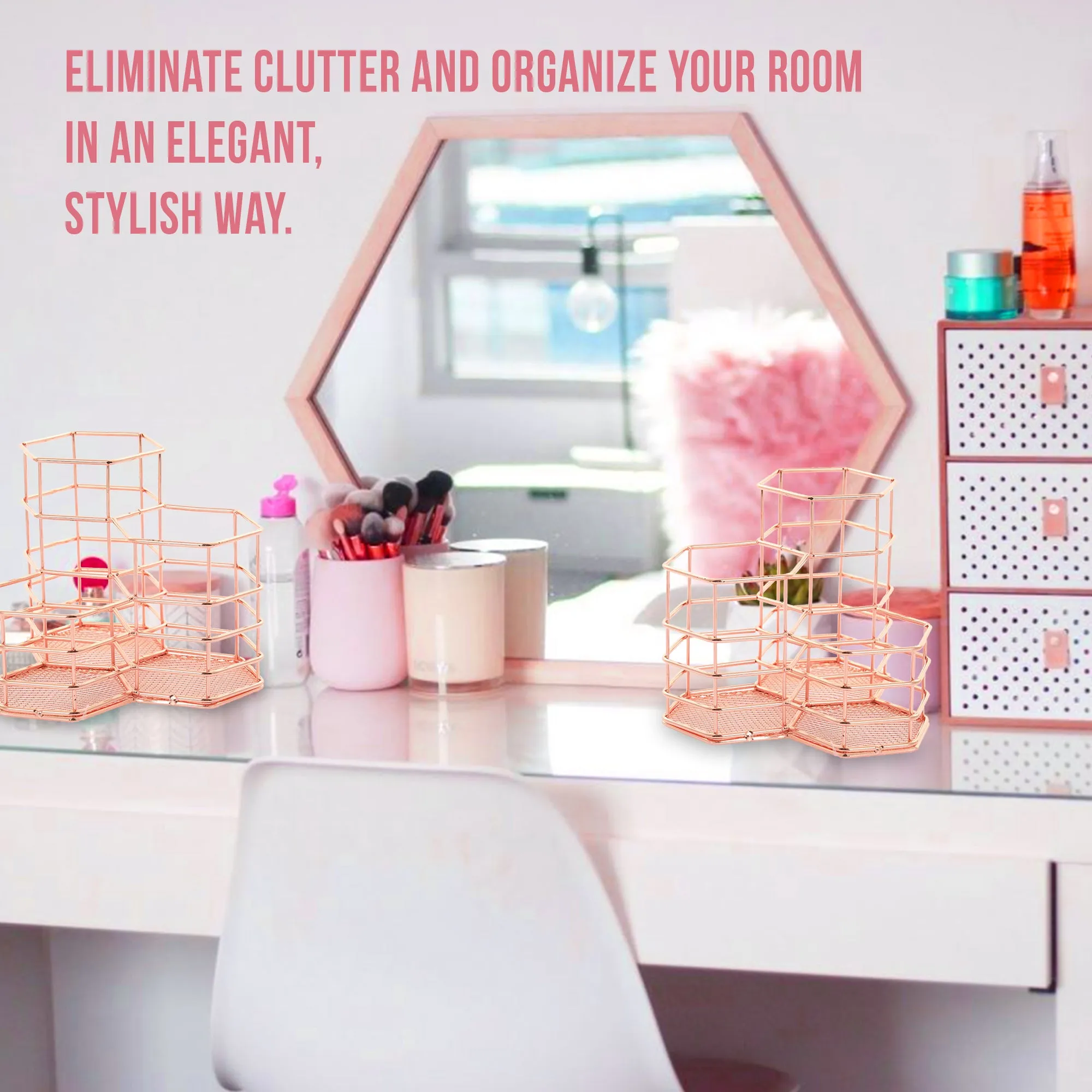 Makeup Brush Holder Hexagon Vase Metal Mesh Basket Desk Organizer Wire Golden Pen Pencil Hot Hollow Holder Beauty Makeup Kit