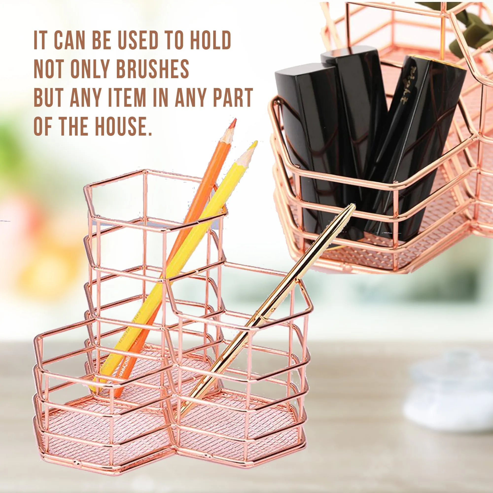 Makeup Brush Holder Hexagon Vase Metal Mesh Basket Desk Organizer Wire Golden Pen Pencil Hot Hollow Holder Beauty Makeup Kit