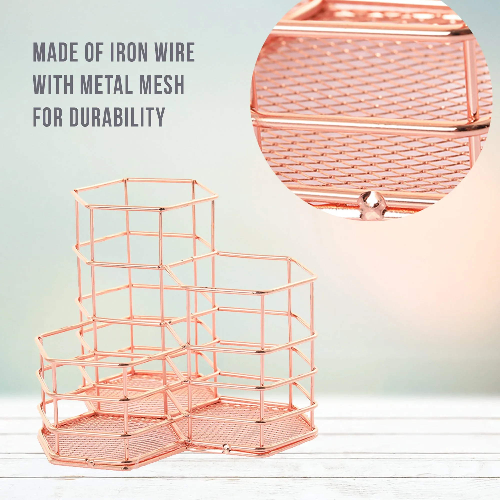Makeup Brush Holder Hexagon Vase Metal Mesh Basket Desk Organizer Wire Golden Pen Pencil Hot Hollow Holder Beauty Makeup Kit