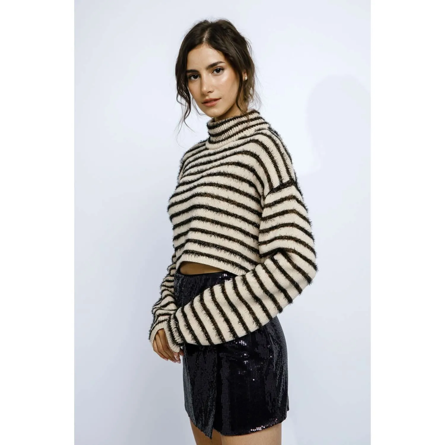 Metallic Striped Cropped Ribbed Sweater