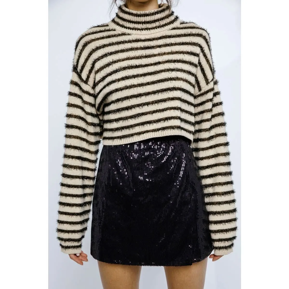 Metallic Striped Cropped Ribbed Sweater