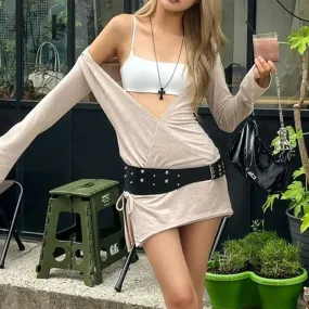 Metaversmall Asymmetrical Spring Autumn Slim Women Smock Top T-shirts Casual Harajuku Tie-Up Pullover Hooded Outfits Holidays Sexy