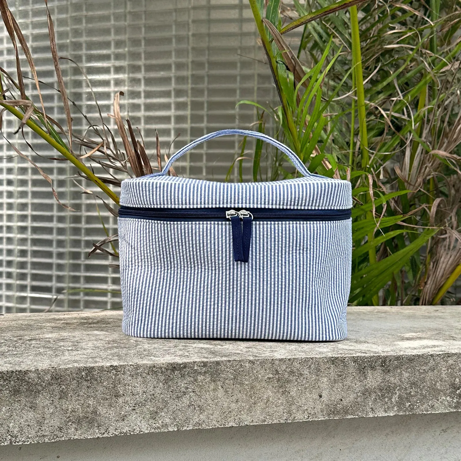 Navy Seersucker Cosmetic Case