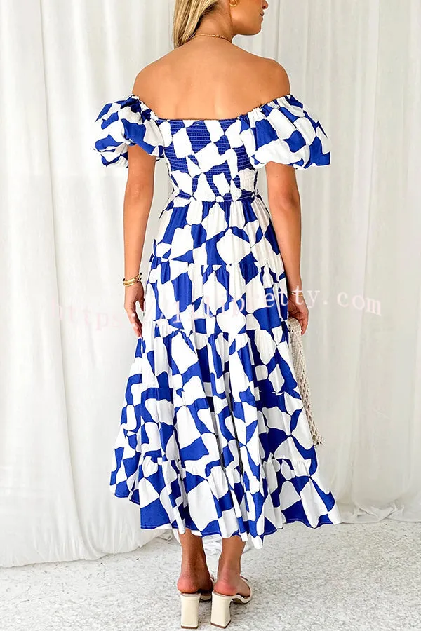 Petal Princess Unique Print Smocked Waist Puff Sleeve Midi Dress