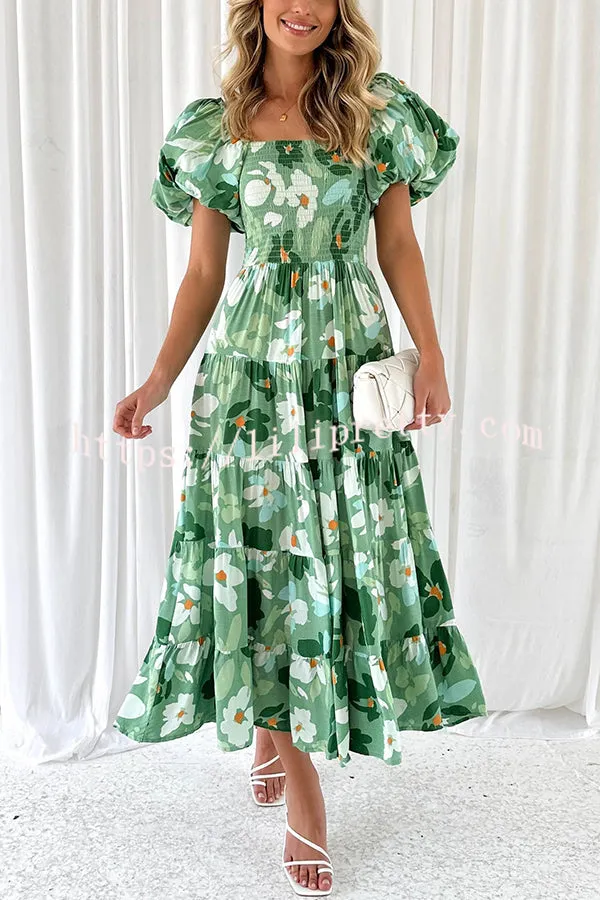 Petal Princess Unique Print Smocked Waist Puff Sleeve Midi Dress