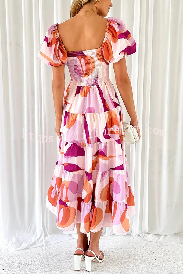 Petal Princess Unique Print Smocked Waist Puff Sleeve Midi Dress