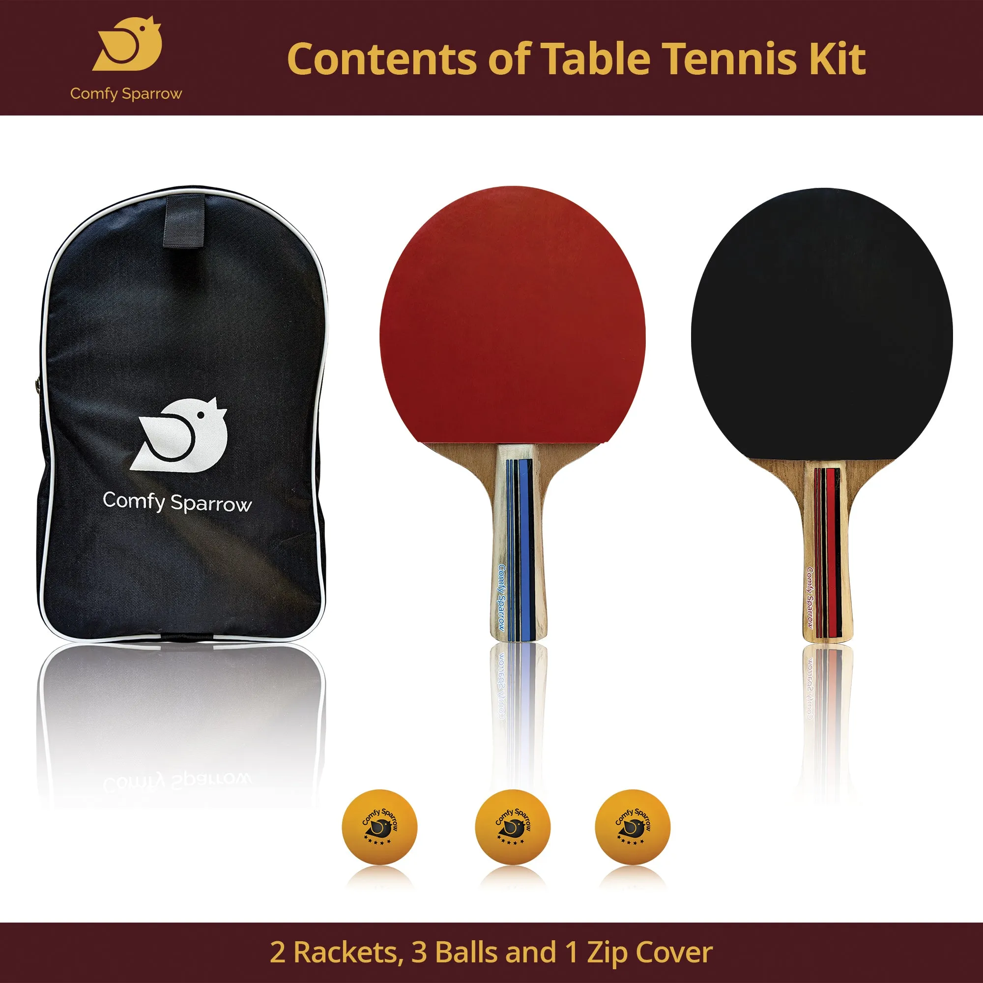 Premium Wooden Table Tennis Kit with 2 Rackets, 3 Balls and a Zip Cover