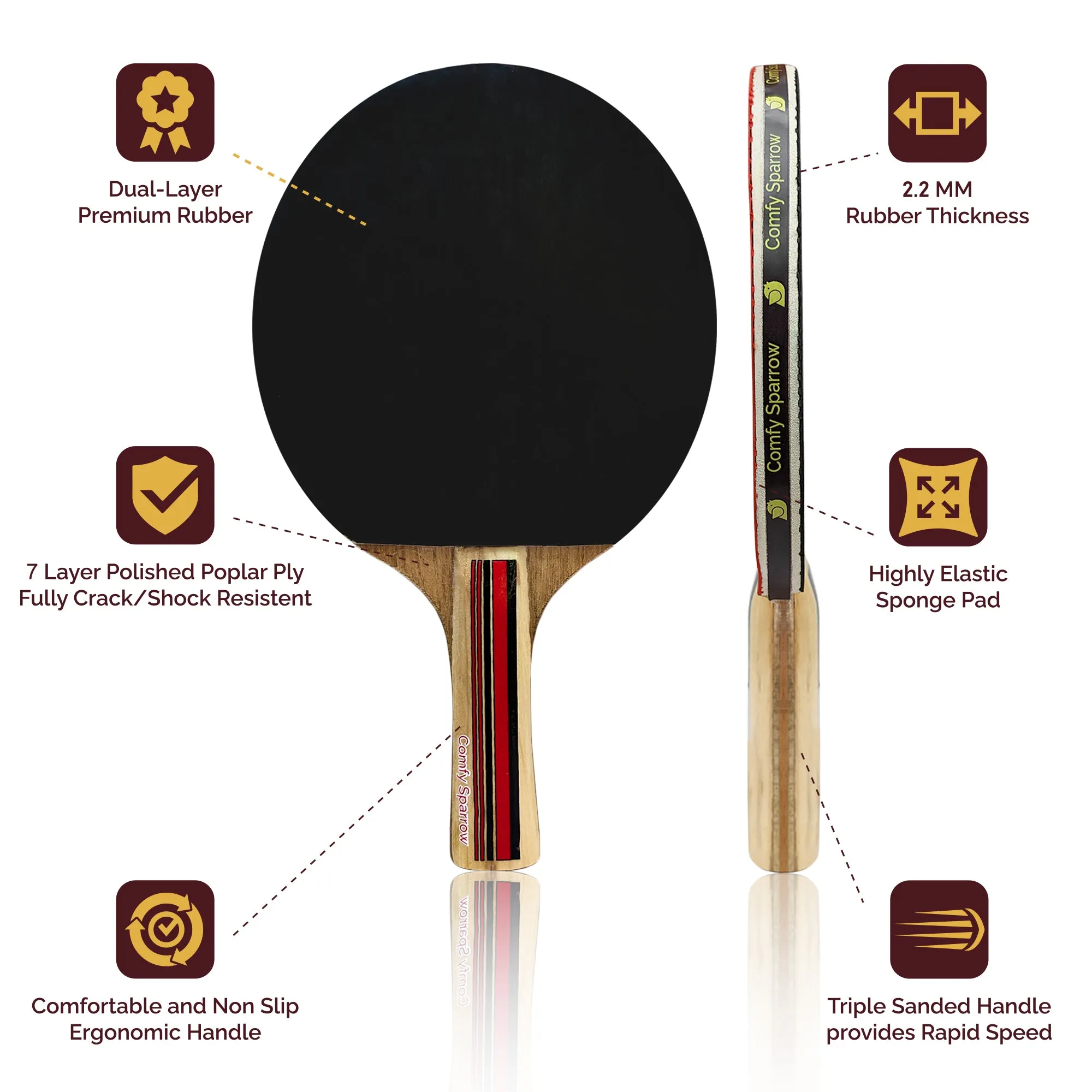 Premium Wooden Table Tennis Kit with 2 Rackets, 3 Balls and a Zip Cover