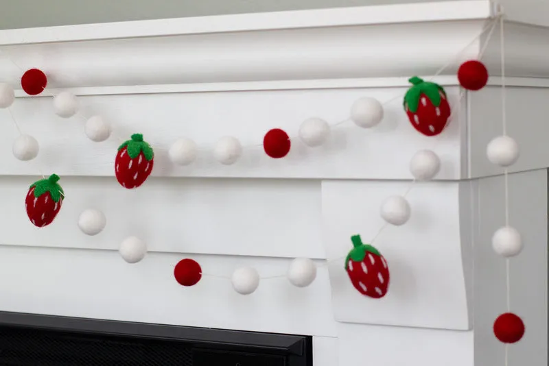 Strawberry Felt Ball Garland- Red, Green, White