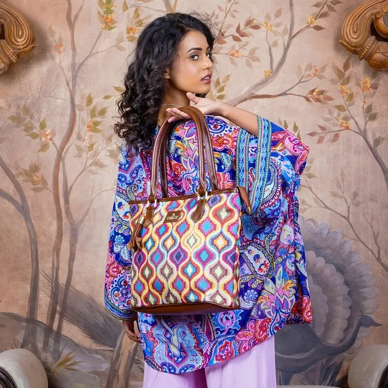 THE CLOWNFISH Aviva Printed Handicraft Fabric Handbag for Women Office Bag Ladies Shoulder Bag Tote for Women College Girls (Multicolour)