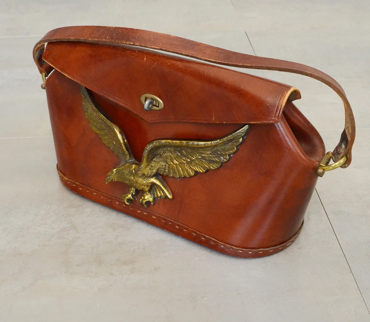 Vintage Cognac Leather Handbag Purse with heavy Metal American Eagle Emblem on front