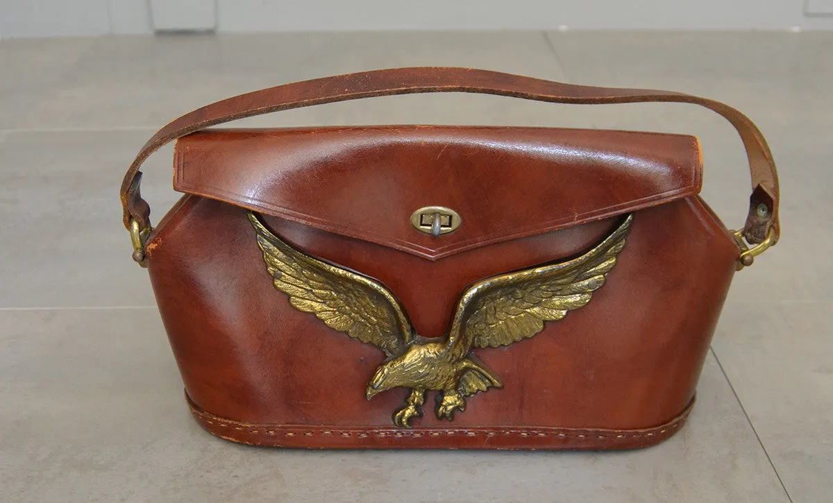 Vintage Cognac Leather Handbag Purse with heavy Metal American Eagle Emblem on front